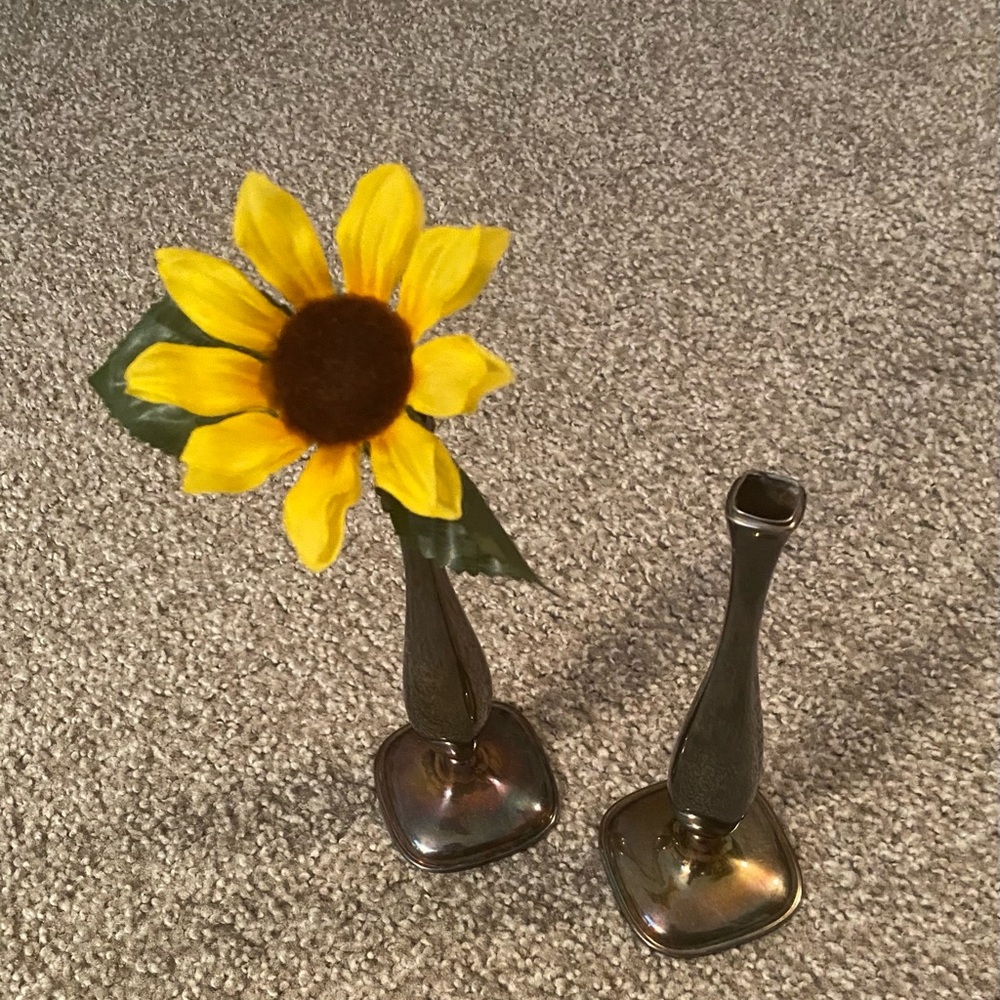 Vintage Iridescent Brown Shiny Bud Vases. Silver-Plated. Set Of 2.